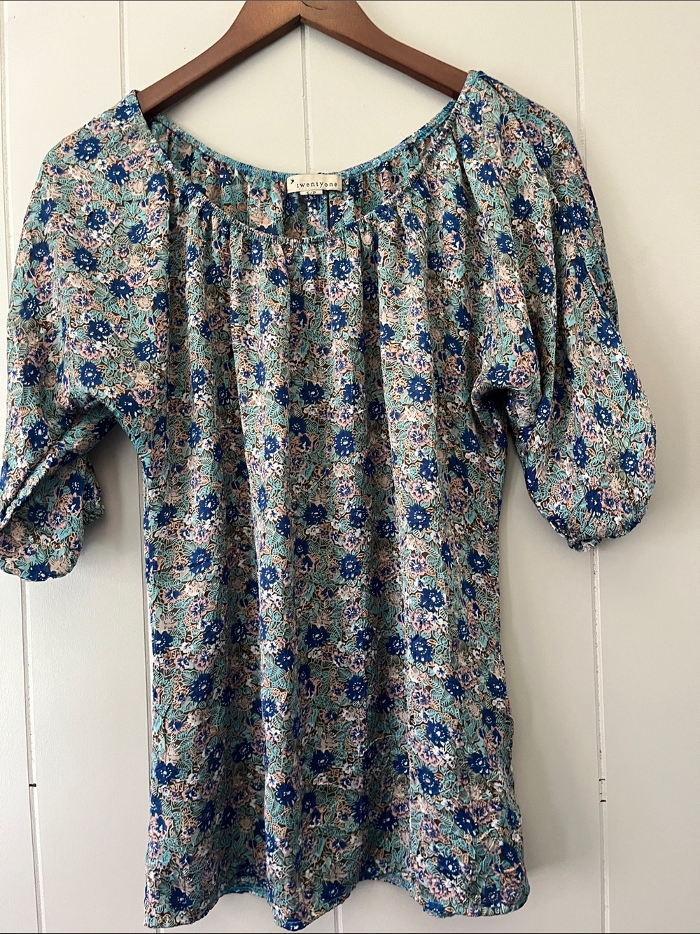 Everly Teal and Navy Floral Peasant Blouse